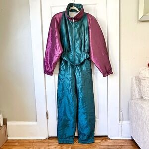 VTG 80's/90's Womens Skea One Piece Snowsuit Ski Suit Green Purple SZ 12 Retro